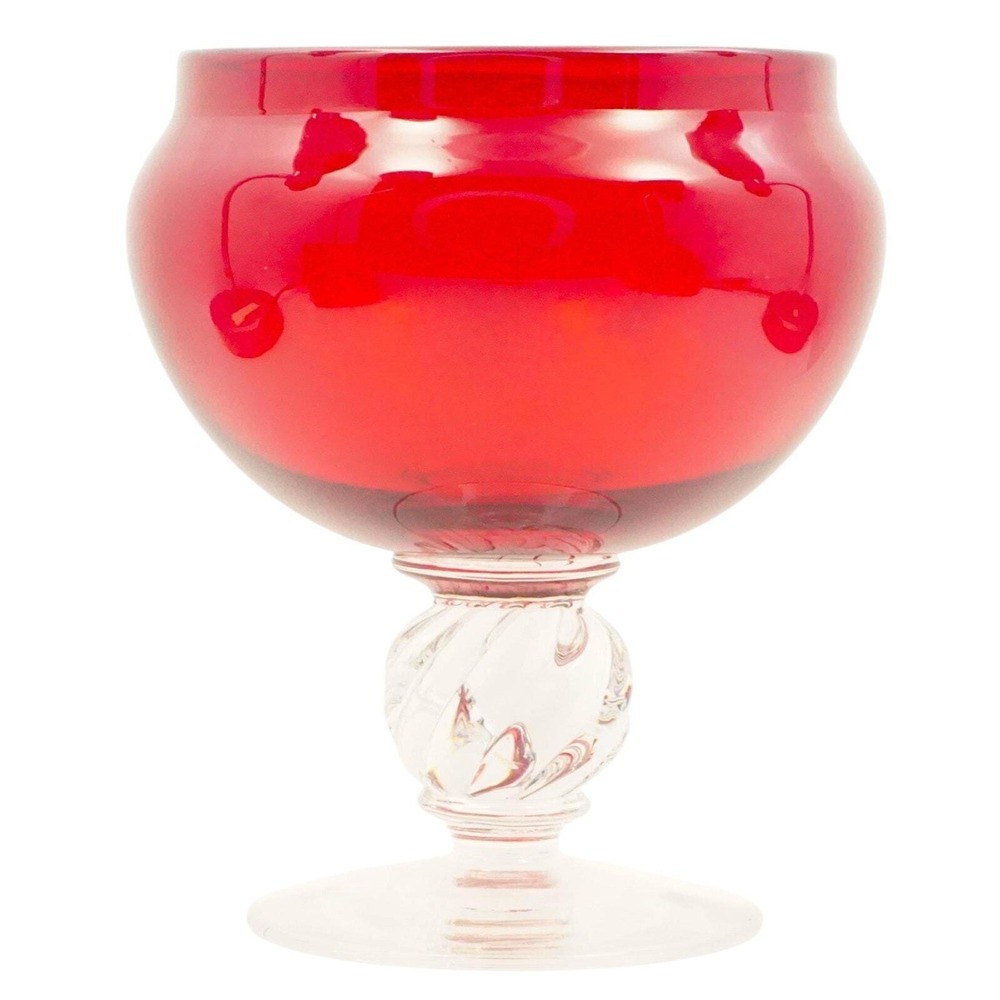 Pairpoint Red Compote / Comport w/ Clear Swirl Ball Stem 6.25" Tall 5.5 Diameter